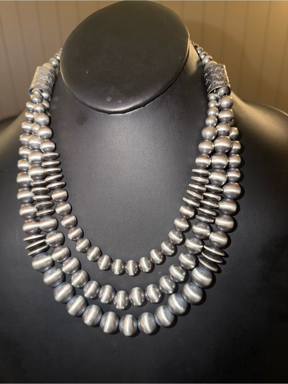 Sterling Silver Layered Multi Strand Pearls Bead Necklace 22 Inch “Navajo Style”